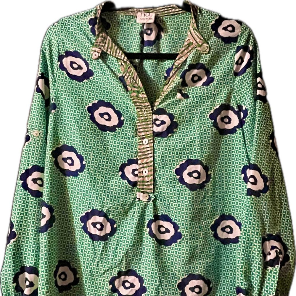 Nu New York Small Top Green African Maximalist Print Blouse Floral